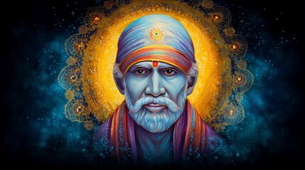 Front-Facing Digital Portrait of Sai Baba of Shirdi With Glowing Halo, Symbolizing Inner Peace, Divine Grace, and Spiritual Wisdom