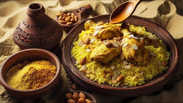 Traditional Arab Food - Chicken Kabsa with Turmeric Rice and Almonds, Served Warm on a Wooden Plate, Desert
