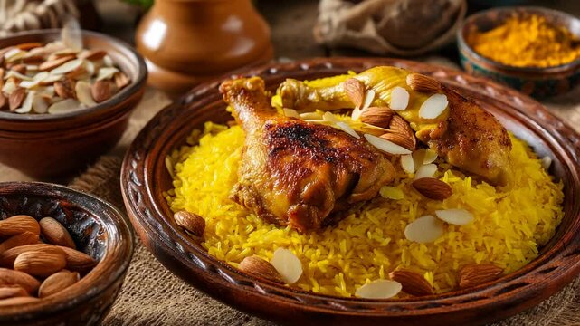 Traditional Arab Food - Chicken Kabsa with Turmeric Rice and Almonds, Served Warm on a Wooden Plate, Desert
