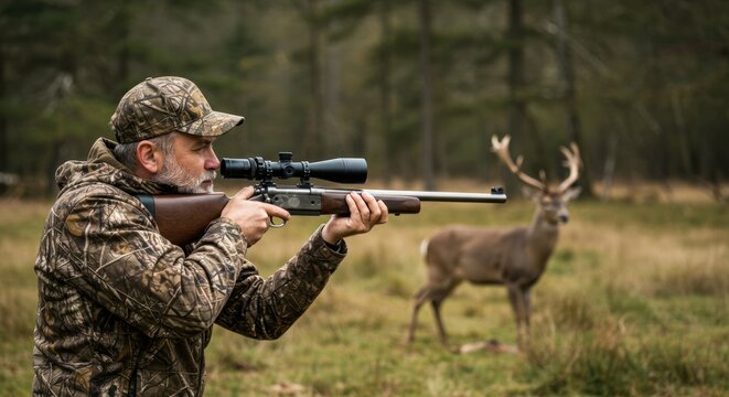 Hunter aims rifle at deer in forest wearing camouflage clothing and hat.