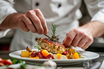 The Precision and Artistry of Culinary Plating: A Close-Up View of a Chef's Hands Creating a Beautifully Arranged Dish in a Fine Dining Restaurant