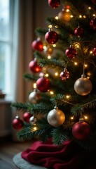 Decorated Christmas tree with fairy lights and garlands, garlands,