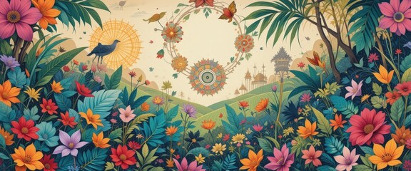 Fototapeta premium A vibrant jungle scene bursting with color, featuring lush green foliage, exotic flowers in shades of pink, yellow, and blue, and a variety of tropical birds perched among the branches.