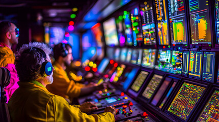 of diverse professionals working together in an AI-powered control room with multiple screens and advanced technology 