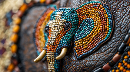Fototapeta premium Close-up of a beaded mosaic elephant sculpture with colorful beads and decorative details.