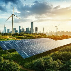 Sustainable energy infrastructure with solar panels and wind turbines in an urban setting.