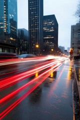 Fototapeta premium Urban night scene with light trails and skyscrapers in a rainy cityscape.
