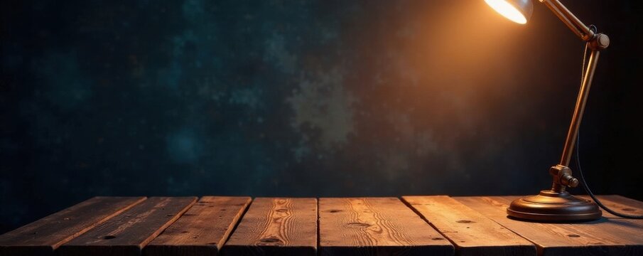 Solo flyer on a rustic wooden table with a single spotlight , rustic wood, isolated, spotlight