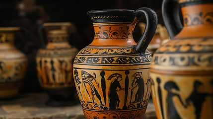 A close-up view of an ancient Greek vase with intricate designs and figures on display.