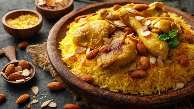 Traditional Arab Food - Chicken Kabsa with Turmeric Rice and Almonds, Served Warm on a Wooden Plate, Desert