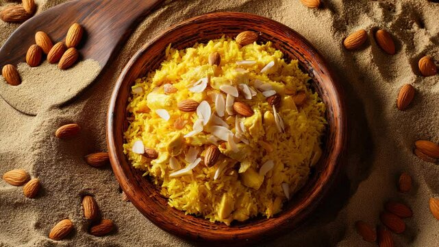 Traditional Arab Food - Chicken Kabsa with Turmeric Rice and Almonds, Served Warm on a Wooden Plate, Desert