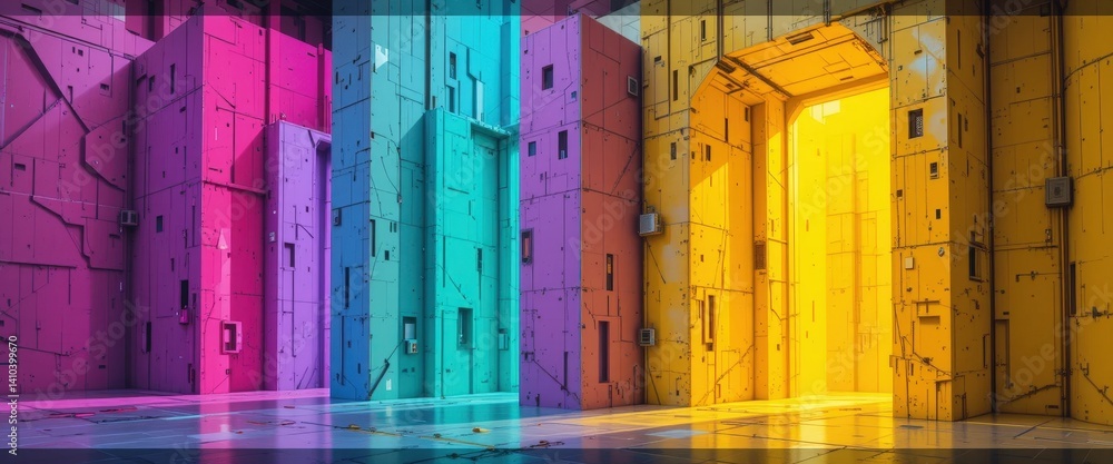 Poster a vibrant room filled with an array of colorful walls, adorned with multiple doors and large windows