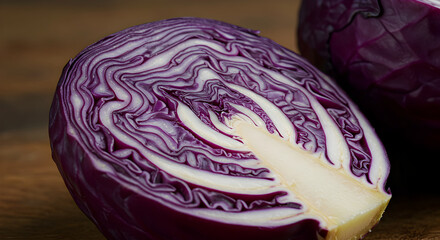 Fototapeta premium Sliced Red Cabbage Revealing Its Intricate Layers on Wooden Board