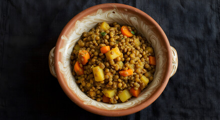 Fototapeta premium Hearty Lentil Stew With Vegetables in A Rustic Bowl On Dark Surface