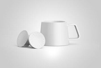 Blank white coffee capsule box mock up, isolated.blank white ceramic mug png empty coffee cup