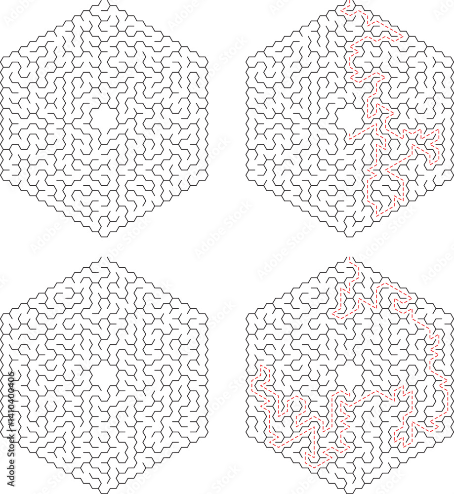 Poster hexagonal maze set with solution path in red dotted line abstract design