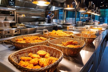 Obraz premium Crispy Fried Dishes in Baskets in Modern Restaurant Kitchen Setting