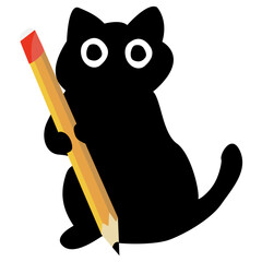 A black cat holding a pencil