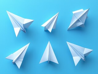 Elevated Perspective: Six White Paper Airplanes in Various Designs Grace a Solid Light Blue Backdrop, Evoking Simplicity, Creativity, and the Endless Possibilities of Flight.