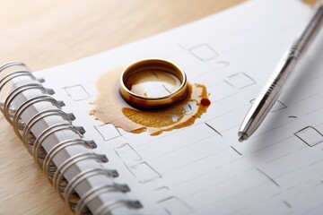A wedding ring rests on a notepad with a coffee stain, symbolizing love intertwined with everyday life and the imperfections that come with it.