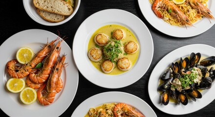 Several plates of seafood dishes are displayed on a dark surface overhead shot.