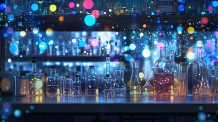 A collection of glass bottles with colorful liquid and lights