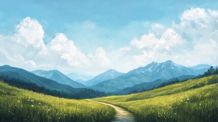 Obraz premium a painting of a dirt road going through a grassy field with mountains in the background and clouds in the sky