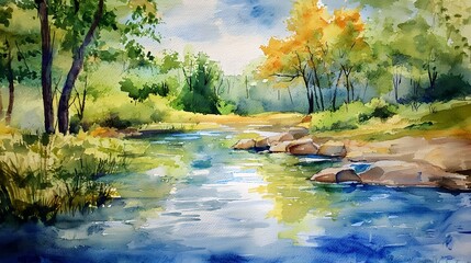 Obraz premium A painting of a river with trees in the background