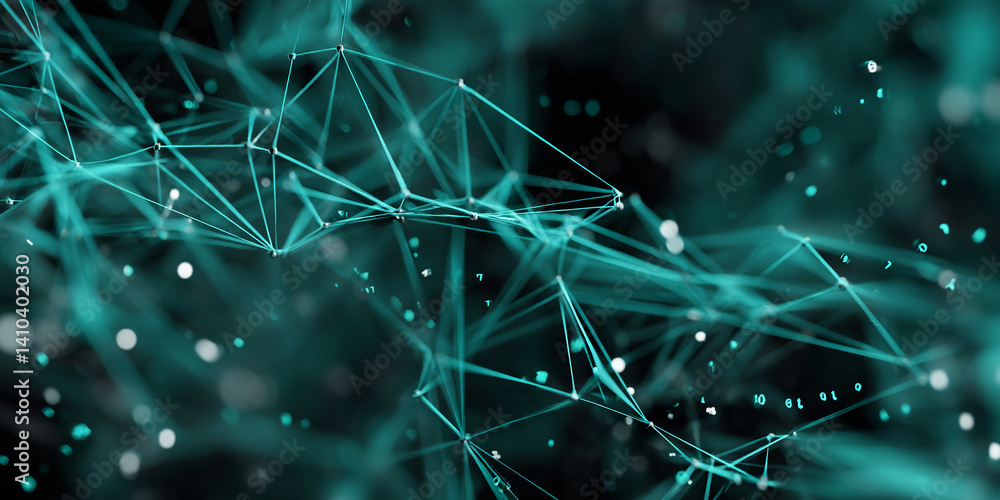 Poster teal network lines and nodes form a complex structure, symbolizing connection, technology, and digit