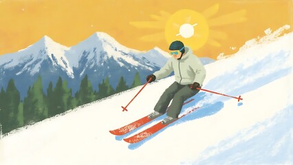 snowboarder jumping in the air, Skier in Gray Jacket Descending Snowy Slope, Sunset Adventure 
