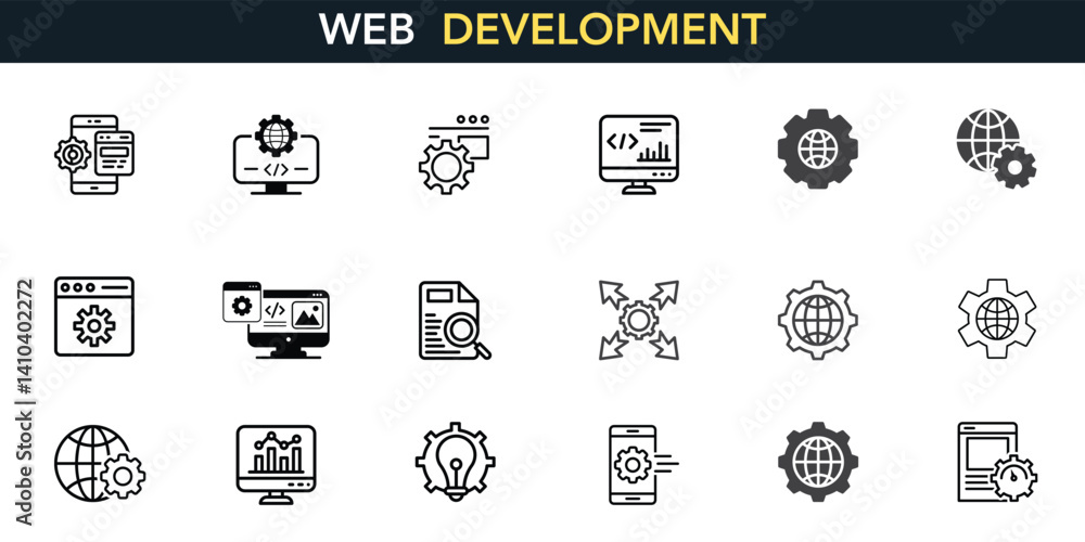 Wall mural web development icon set. containing online, computer, network, website, server, web design, hardwar