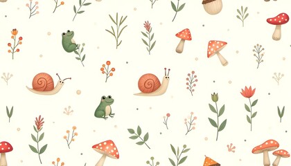 Cute seamless pattern featuring snails, frogs, mushrooms and plants