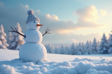 Obraz premium A snowman standing alone in a serene winter landscape with a vast sky and frozen trees in the background , calm, snowy