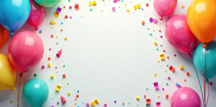Confetti and balloons surrounding a colorful letterhead, balloons, celebration