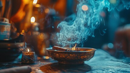 A serene ambiance created by a glowing incense bowl. Wisps of fragrant smoke rise softly. Perfect for relaxation and meditation moments. Generative AI