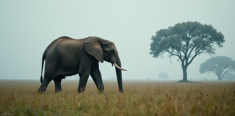 Fototapeta premium Elephant roams freely under overcast sky with trees foggy, African landscape, animal, wildlife
