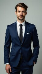 Fototapeta premium Slim figure dressed in navy suit with white shirt and slim black tie, office, slim, professional