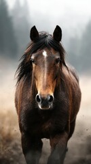 Majestic brown horse galloping through misty landscape with blurred background in early morning light