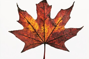 Obraz premium Vibrant maple leaf. Autumnal reds & oranges, veins visible, set on white. Detail is distinct & texture is visible