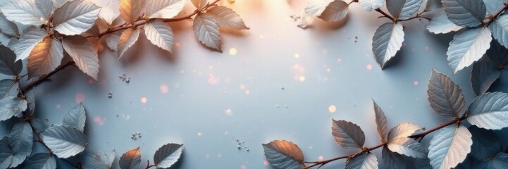 Leafy border with silver leaves on a shimmering background, decorative, metallic accents, sophisticated