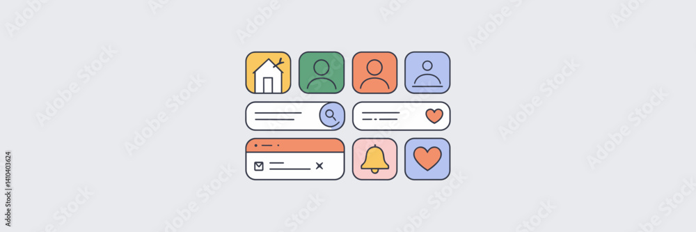 Poster outline ux symbols in grid layout on clean white background