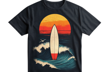 Retro Surf T Shirt Design Sunset Ocean Waves with Surfboard Vintage Style on transparent background