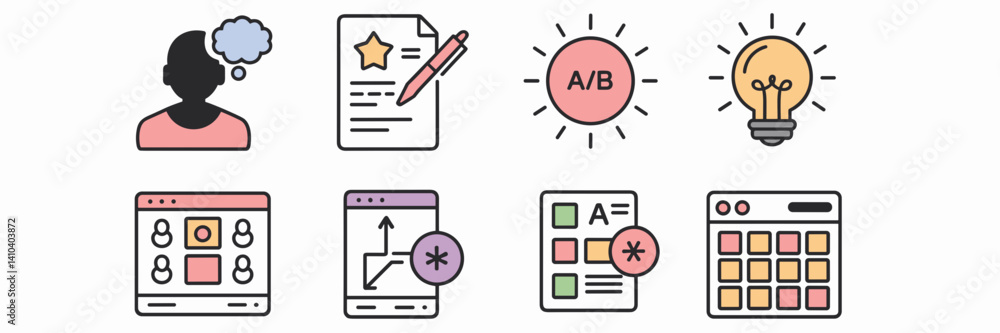 Poster ux research and wireframing flat icons – suitable for ui/ux presentations, product design tutorials,