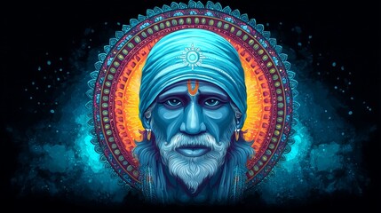 Mandala-Inspired Digital Portrait of Sai Baba of Shirdi With Radiant Halo, Symbolizing Hindu Devotion, Spiritual Power, and Peace