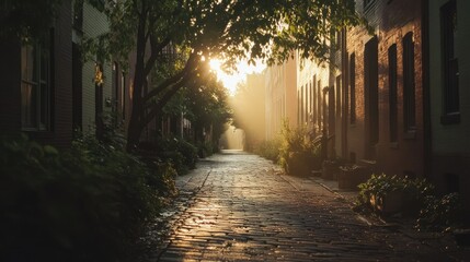 A cobblestone alley bathed in sunlight between the buildings