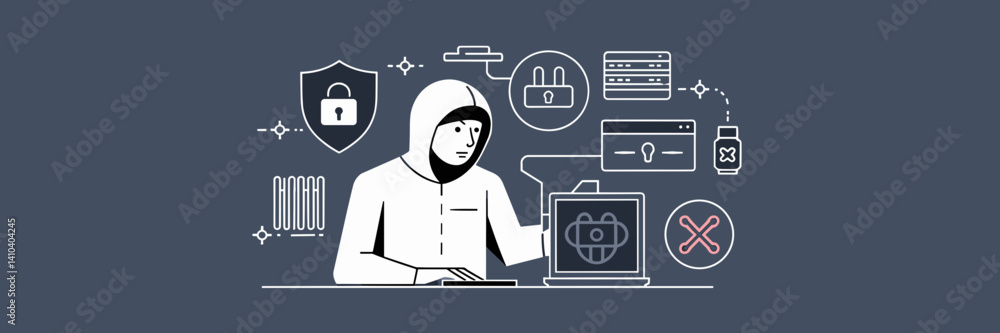 Poster ethical hacker surrounded by it security symbols in dark vector style