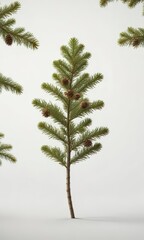 Obraz premium Single fir branch with scattered acorns on white background, woodland scene, twig