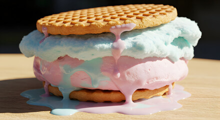 Dreamy Delight Ice Cream Sandwich With Pastel Hues On Wooden Surface