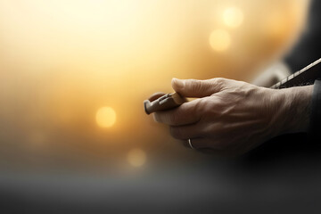 Musician's hands gripping guitar strings ready to play a melody against a bokeh-lit warm-toned background.