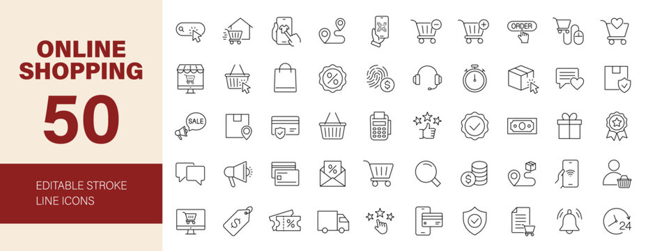 Online shopping icon set. E-commerce related line icons: mobile shop, shopping cart, delivery, payment, customer service, price, sale, promotion and more. Editable stroke. Vector illustration.